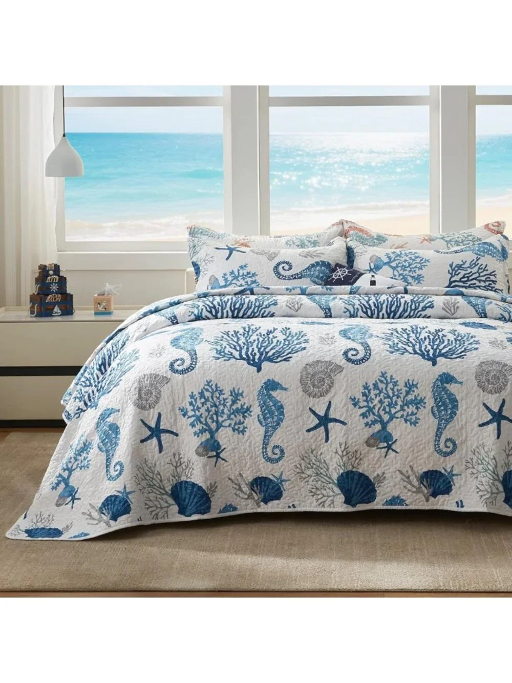 Coastal King Quilt Set - Lightweight Reversible Bedspread, Sea Blue, 2 Shams